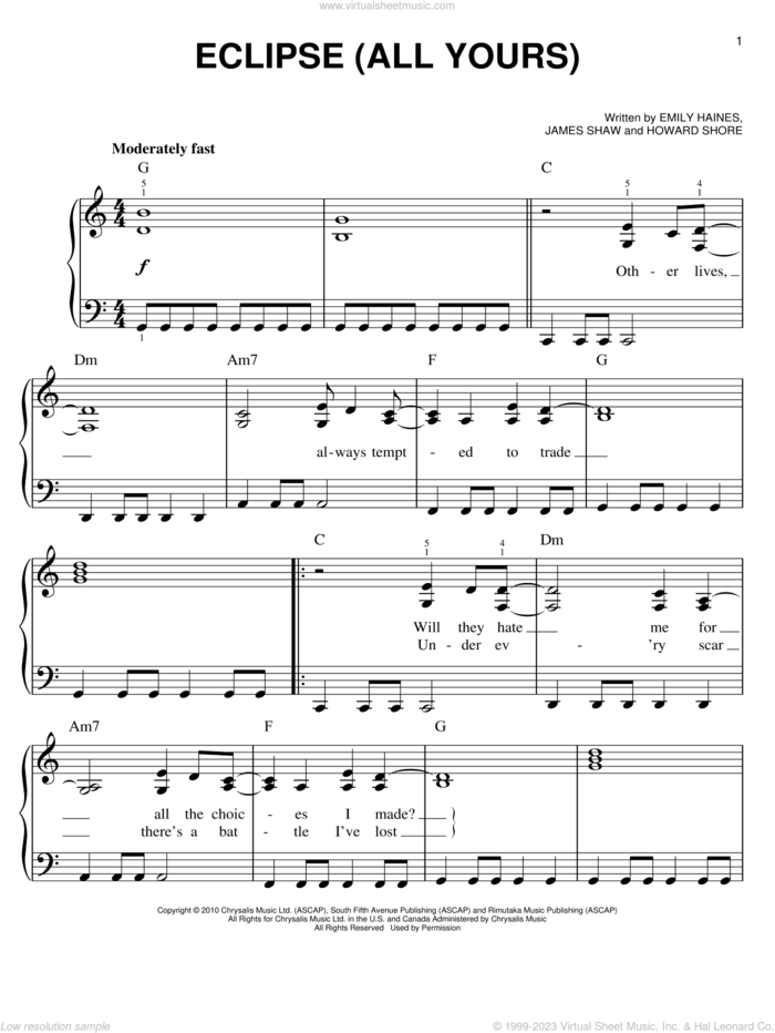 Eclipse (All Yours) sheet music for piano solo by Metric, Emily Haines, Howard Shore, James Shaw and Twilight: Eclipse (Movie), easy skill level