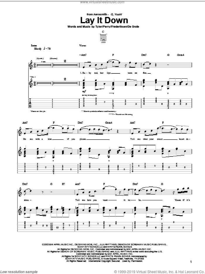 Lay It Down sheet music for guitar (tablature) by Aerosmith, Donald De Grate, Joe Perry, Marti Frederiksen and Steven Tyler, intermediate skill level