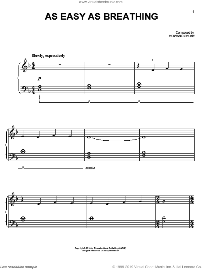 As Easy As Breathing sheet music for piano solo by Howard Shore and Twilight: Eclipse (Movie), easy skill level