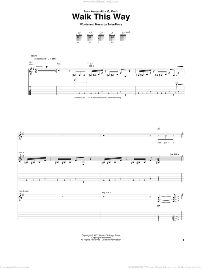 Walk This Way sheet music for guitar (tablature) by Aerosmith & Run D.M.C., Aerosmith, Run D.M.C., Joe Perry and Steven Tyler, intermediate skill level