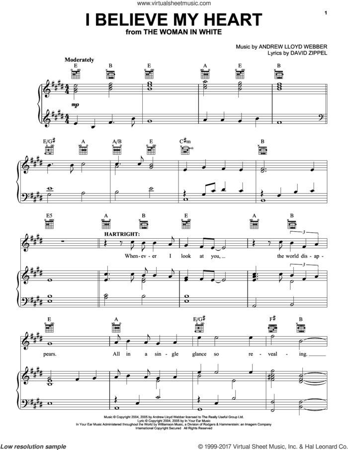 I Believe My Heart (from The Woman In White) sheet music for voice, piano or guitar by Andrew Lloyd Webber, The Woman In White (Musical) and David Zippel, intermediate skill level
