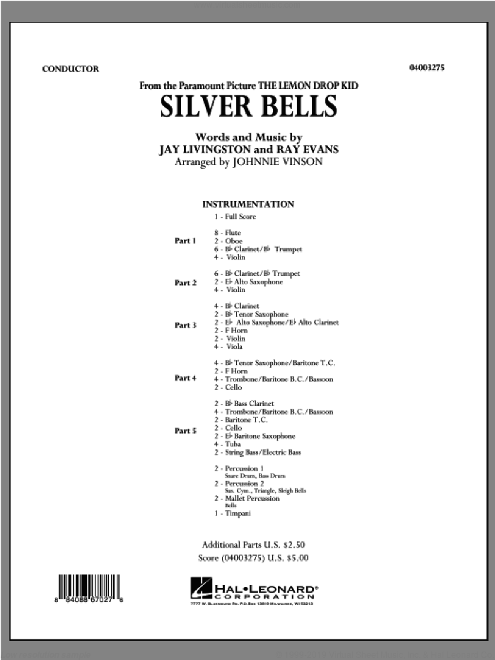 Silver Bells (COMPLETE) sheet music for concert band (orchestra) by Jay Livingston, Ray Evans and Johnnie Vinson, intermediate skill level