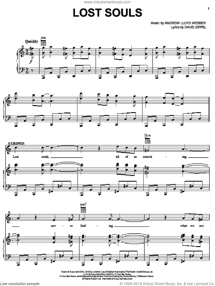 Lost Souls sheet music for voice, piano or guitar by Andrew Lloyd Webber, The Woman In White (Musical) and David Zippel, intermediate skill level