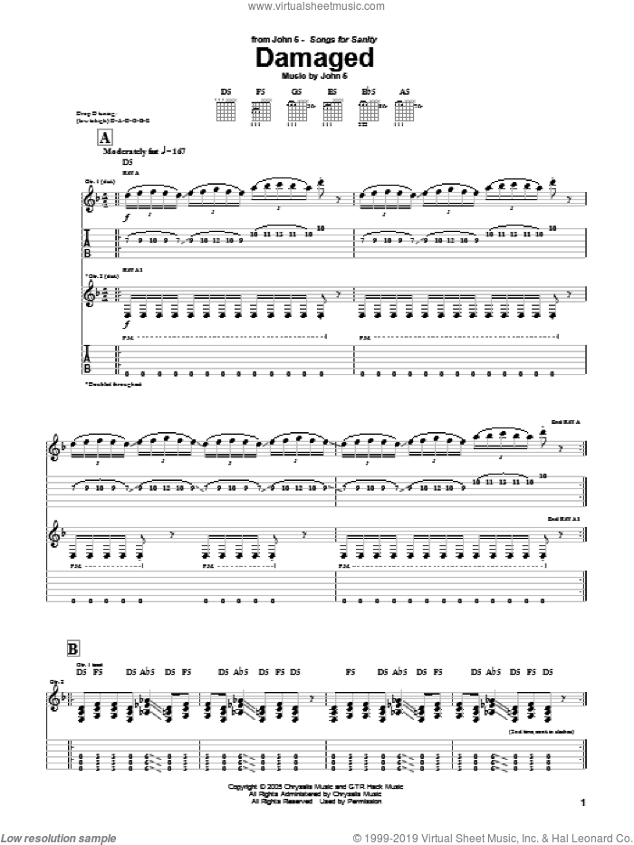 Damaged sheet music for guitar (tablature) by John5, intermediate skill level
