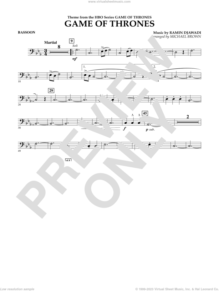Game Of Thrones (arr. Michael Brown) sheet music for concert band (bassoon) by Ramin Djawadi, Game Of Thrones (TV Series) and Michael Brown, intermediate skill level