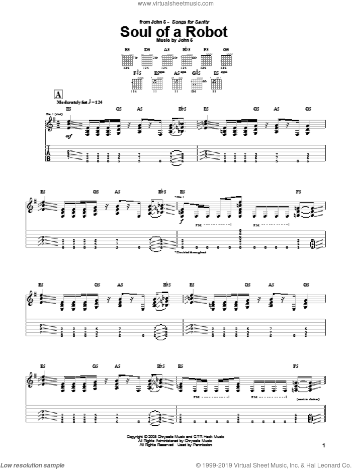 Soul Of A Robot sheet music for guitar (tablature) by John5, intermediate skill level