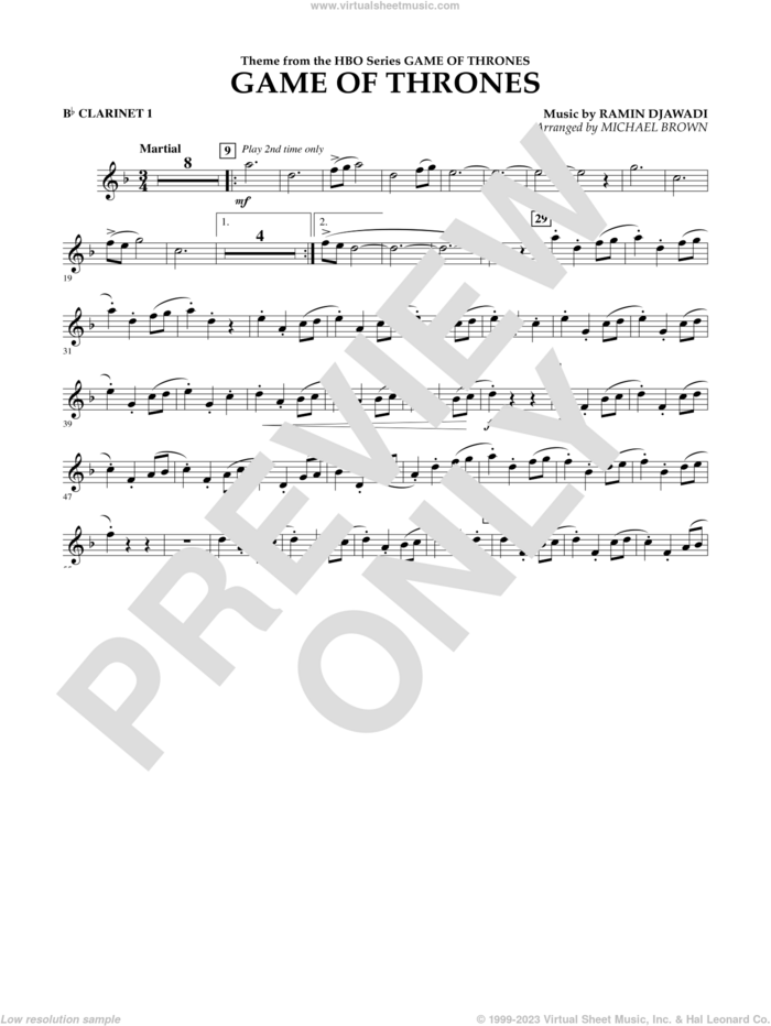 Game Of Thrones (arr. Michael Brown) sheet music for concert band (Bb clarinet 1) by Ramin Djawadi, Game Of Thrones (TV Series) and Michael Brown, intermediate skill level