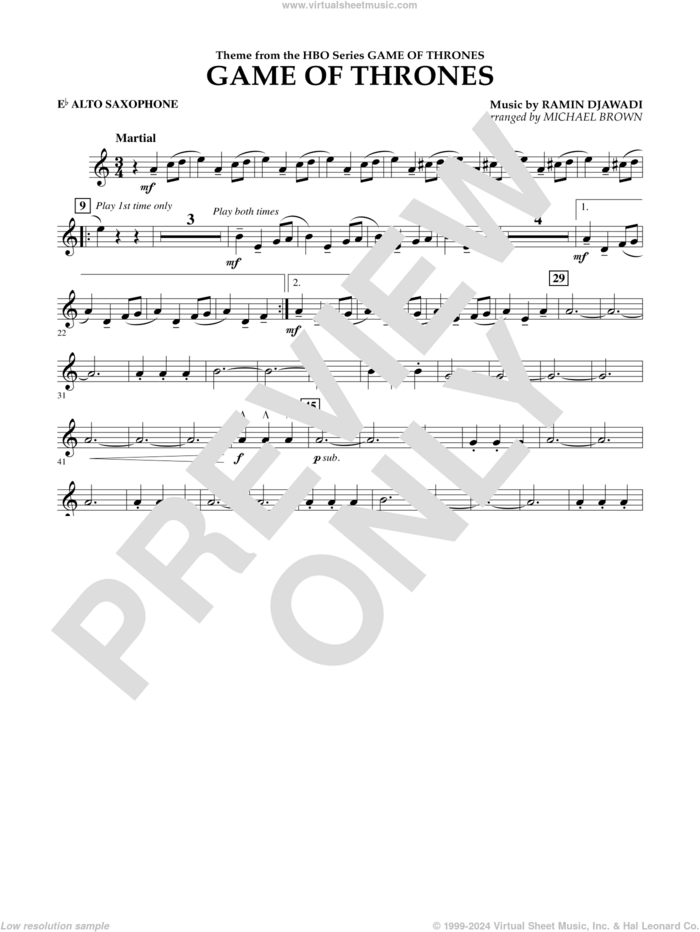 Game Of Thrones (arr. Michael Brown) sheet music for concert band (Eb alto saxophone) by Ramin Djawadi, Game Of Thrones (TV Series) and Michael Brown, intermediate skill level