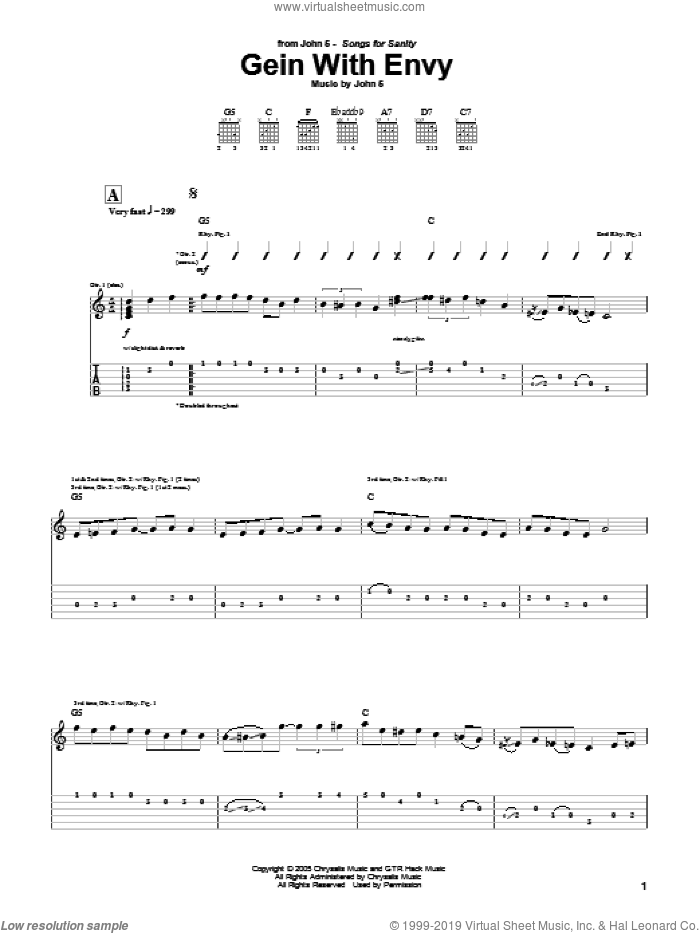 Gein With Envy sheet music for guitar (tablature) by John5, intermediate skill level