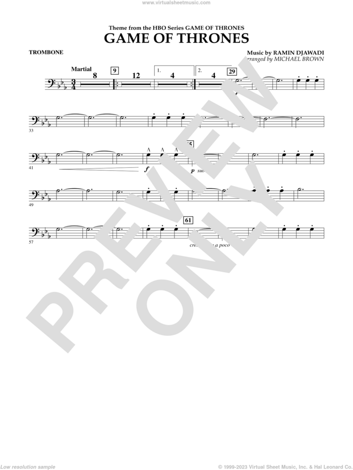 Game Of Thrones (arr. Michael Brown) sheet music for concert band (trombone) by Ramin Djawadi, Game Of Thrones (TV Series) and Michael Brown, intermediate skill level