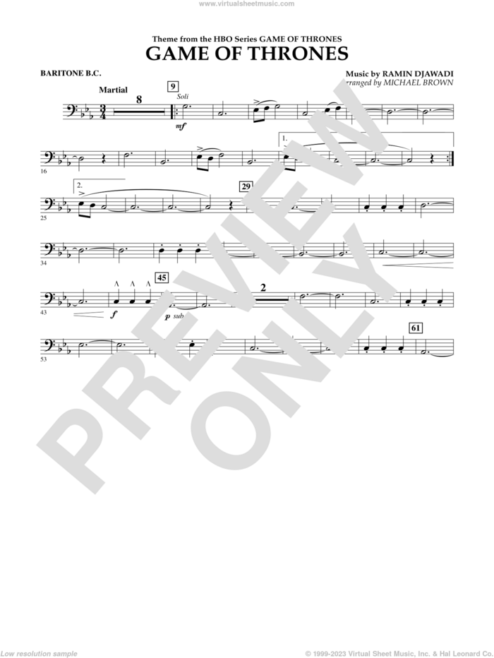 Game Of Thrones (arr. Michael Brown) sheet music for concert band (baritone b.c.) by Ramin Djawadi, Game Of Thrones (TV Series) and Michael Brown, intermediate skill level