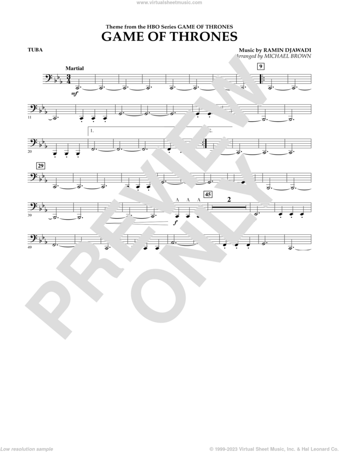 Game Of Thrones (arr. Michael Brown) sheet music for concert band (tuba) by Ramin Djawadi, Game Of Thrones (TV Series) and Michael Brown, intermediate skill level
