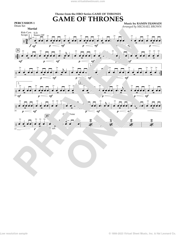 Game Of Thrones (arr. Michael Brown) sheet music for concert band (percussion 1) by Ramin Djawadi, Game Of Thrones (TV Series) and Michael Brown, intermediate skill level