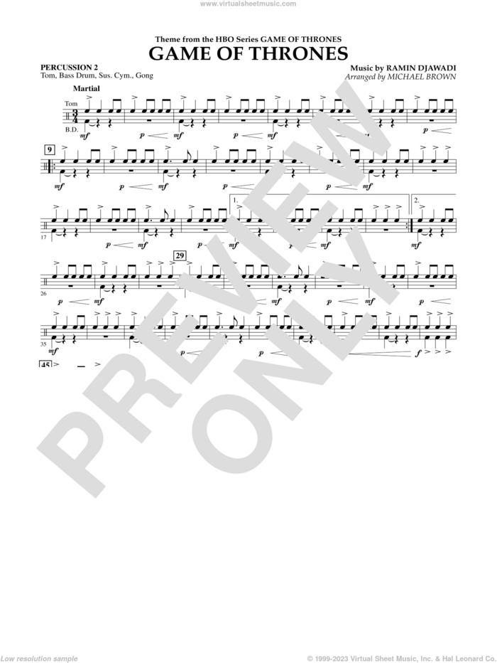 Game Of Thrones (arr. Michael Brown) sheet music for concert band (percussion 2) by Ramin Djawadi, Game Of Thrones (TV Series) and Michael Brown, intermediate skill level