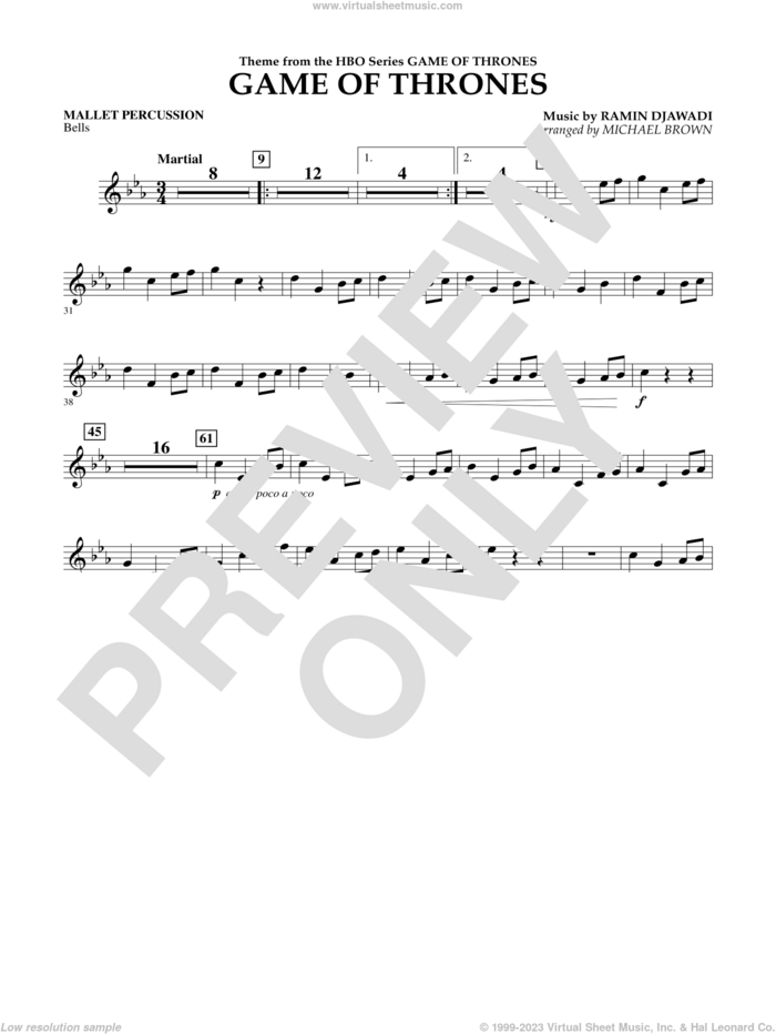 Game Of Thrones (arr. Michael Brown) sheet music for concert band (mallet percussion) by Ramin Djawadi, Game Of Thrones (TV Series) and Michael Brown, intermediate skill level