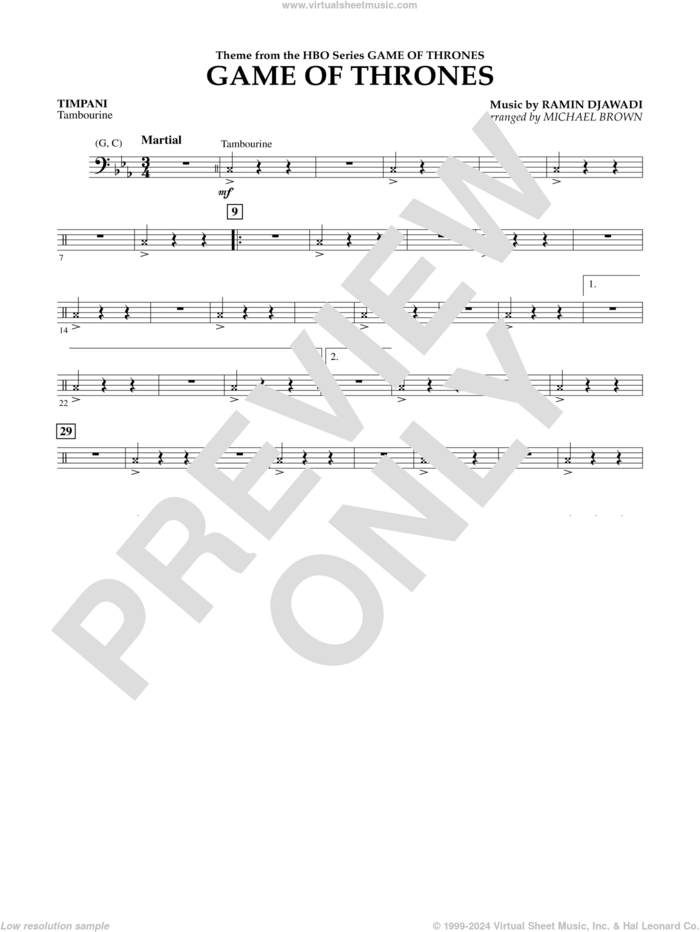 Game Of Thrones (Arr. Michael Brown) sheet music for concert band (timpani) by Ramin Djawadi, Game Of Thrones (TV Series) and Michael Brown, intermediate skill level