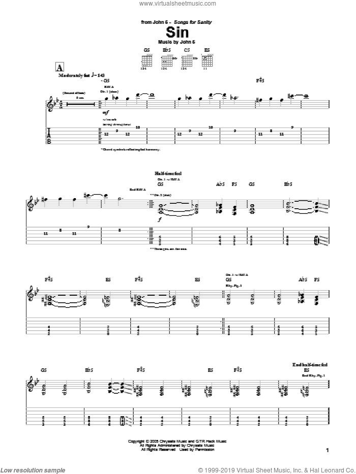 Sin sheet music for guitar (tablature) by John5, intermediate skill level