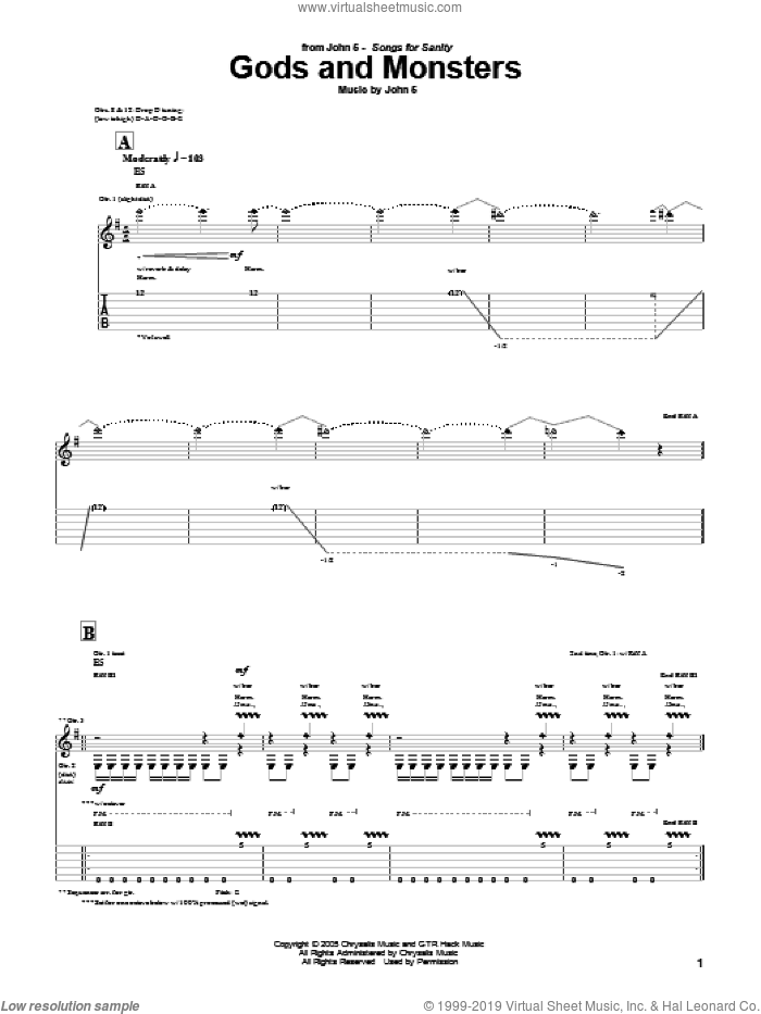 Gods And Monsters sheet music for guitar (tablature) by John5, intermediate skill level