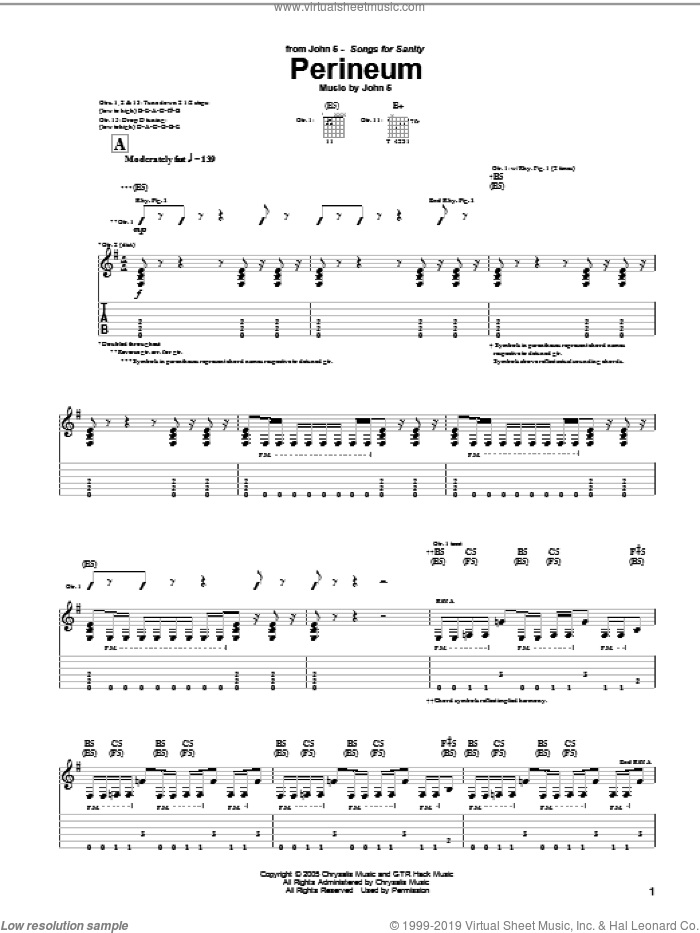 Perineum sheet music for guitar (tablature) by John5, intermediate skill level