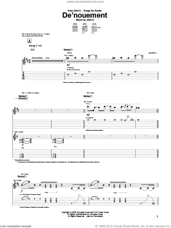 De'nouement sheet music for guitar (tablature) by John5, intermediate skill level