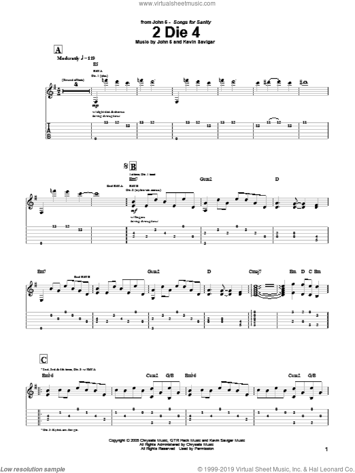 2 Die 4 sheet music for guitar (tablature) by John5 and Kevin Savigar, intermediate skill level