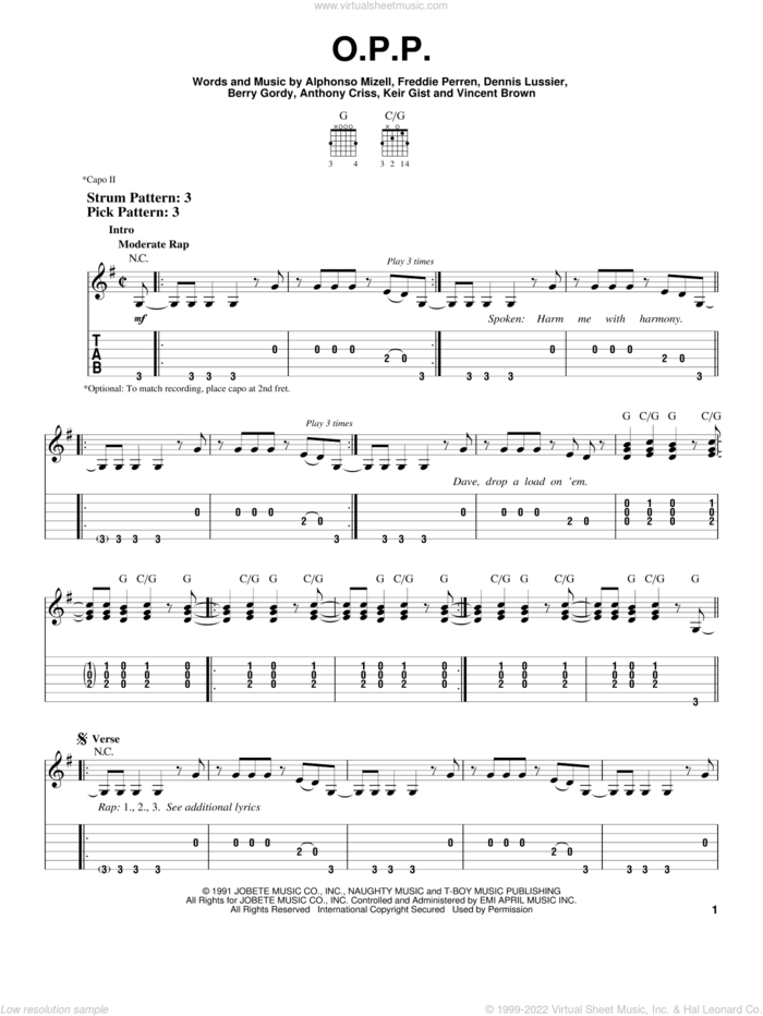 O.P.P. sheet music for guitar solo (easy tablature) by Naughty By Nature, Alphonso Mizell, Berry Gordy, Dennis Lussier and Frederick Perren, easy guitar (easy tablature)