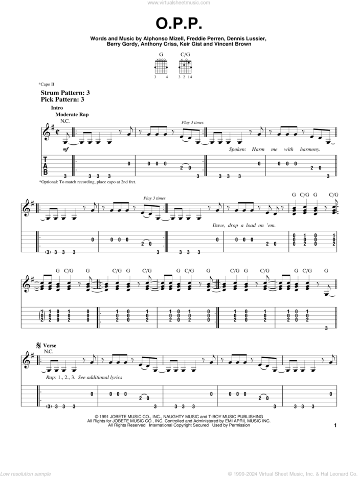 O.P.P. sheet music for guitar solo (easy tablature) by Naughty By Nature, Alphonso Mizell, Berry Gordy, Dennis Lussier and Frederick Perren, easy guitar (easy tablature)