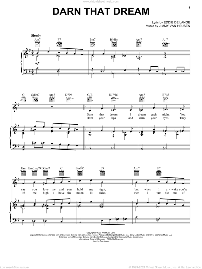 Darn That Dream sheet music for voice, piano or guitar by Benny Goodman, Miles Davis, Tommy Dorsey, Eddie DeLange and Jimmy Van Heusen, intermediate skill level