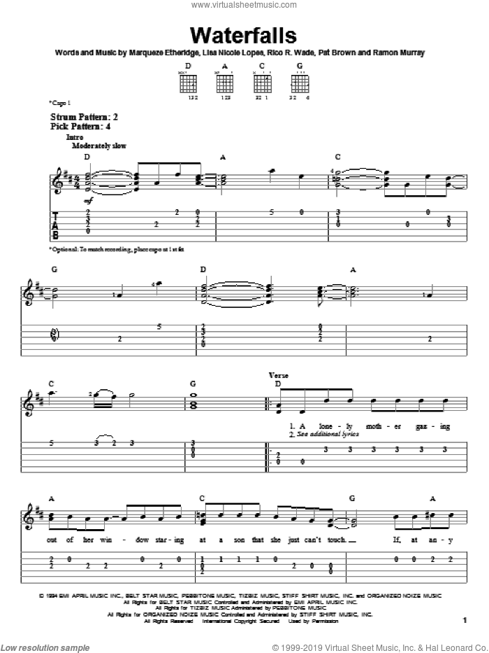 Waterfalls sheet music for guitar solo (easy tablature) by Marqueze Etheridge, Lisa Nicole Lopes, Pat Brown, Ramon Murray and Rico Wade, easy guitar (easy tablature)