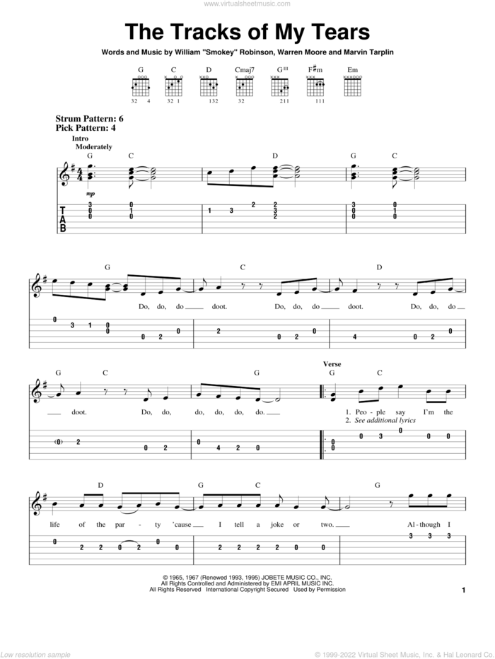 The Tracks Of My Tears sheet music for guitar solo (easy tablature) by Smokey Robinson & The Miracles, Linda Ronstadt, The Miracles, Marvin Tarplin and Warren Moore, easy guitar (easy tablature)