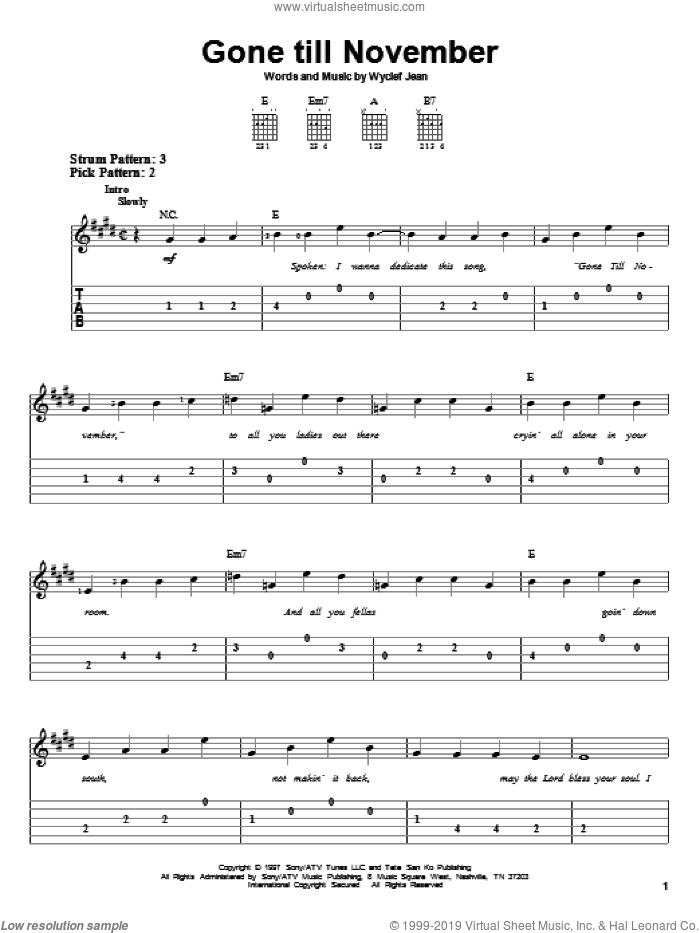 Gone Till November sheet music for guitar solo (easy tablature) by Wyclef Jean, easy guitar (easy tablature)