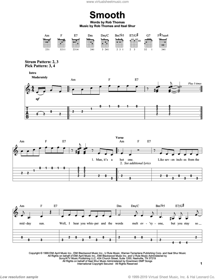 Smooth sheet music for guitar solo (easy tablature) by Santana featuring Rob Thomas, Carlos Santana, Itaal Shur and Rob Thomas, easy guitar (easy tablature)