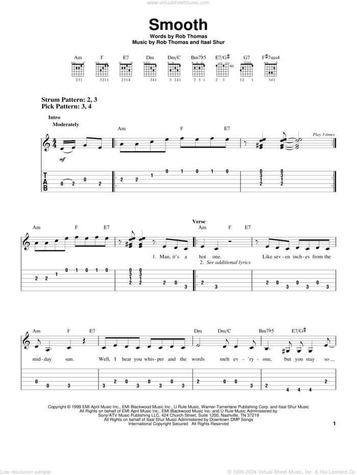 Smooth sheet music for guitar solo (easy tablature) by Santana featuring Rob Thomas, Carlos Santana, Itaal Shur and Rob Thomas, easy guitar (easy tablature)