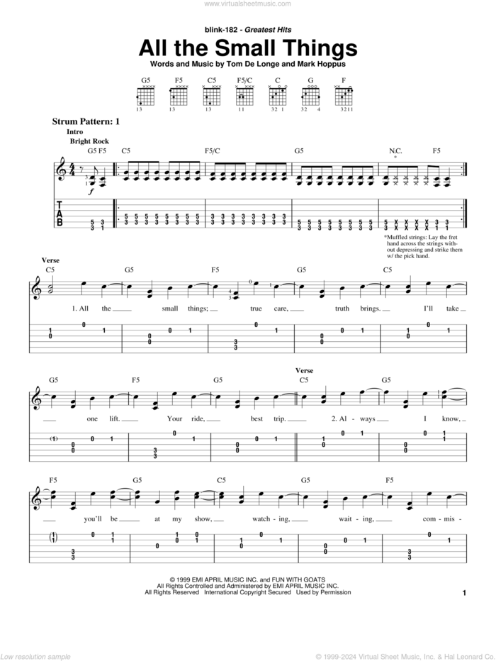 All The Small Things sheet music for guitar solo (easy tablature) by Blink-182, Mark Hoppus and Tom DeLonge, easy guitar (easy tablature)