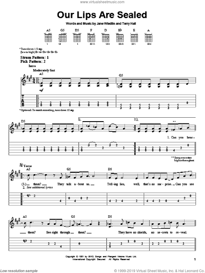 Our Lips Are Sealed sheet music for guitar solo (easy tablature) by The Go-Go's, Jane Wiedlin and Terry Hall, easy guitar (easy tablature)