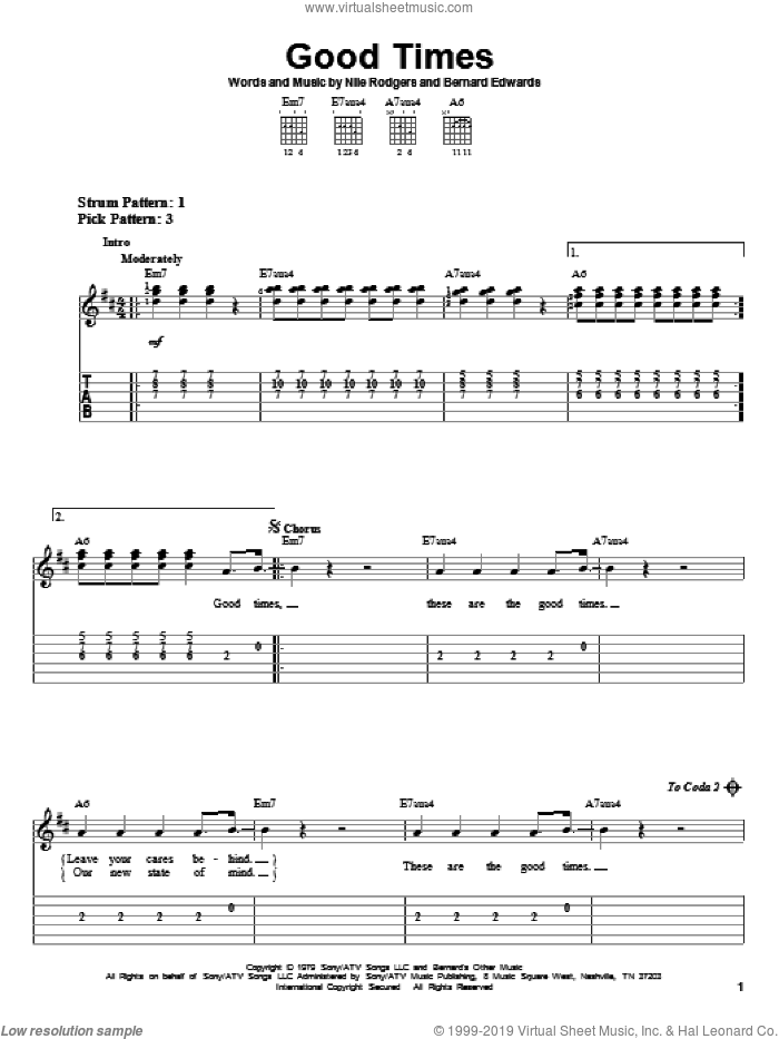 Good Times sheet music for guitar solo (easy tablature) by Chic, Bernard Edwards and Nile Rodgers, easy guitar (easy tablature)