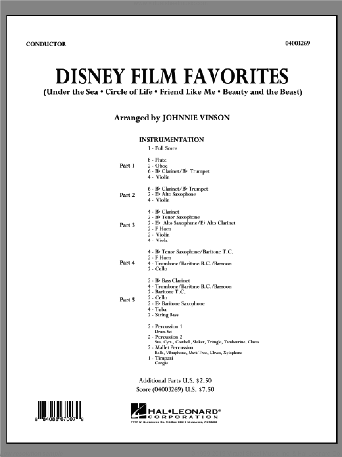 Disney Film Favorites (COMPLETE) sheet music for concert band by Johnnie Vinson, intermediate skill level