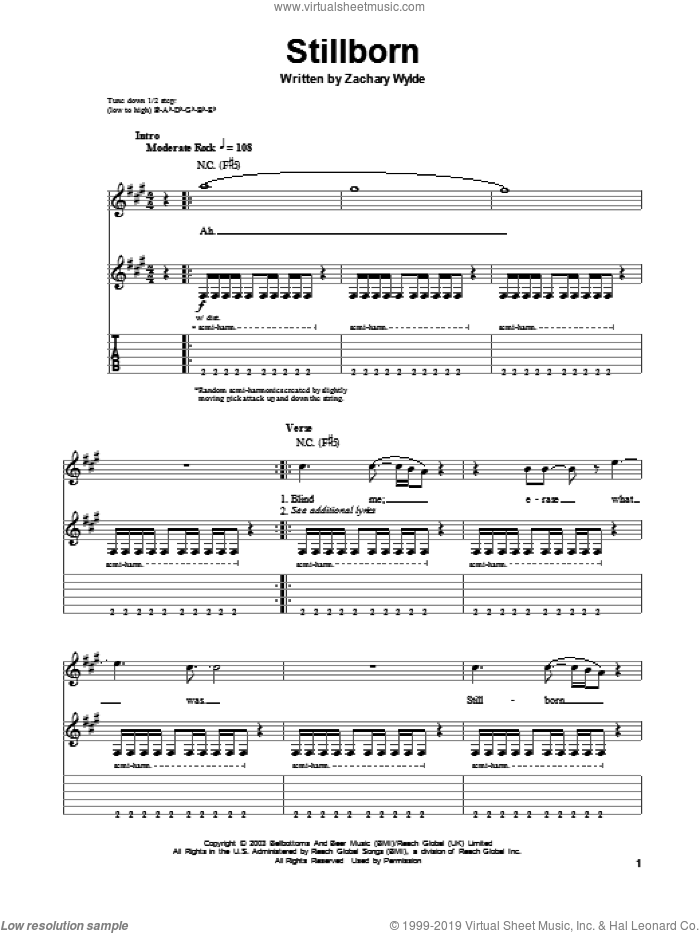 Stillborn sheet music for guitar (tablature, play-along) by Black Label Society and Zakk Wylde, intermediate skill level