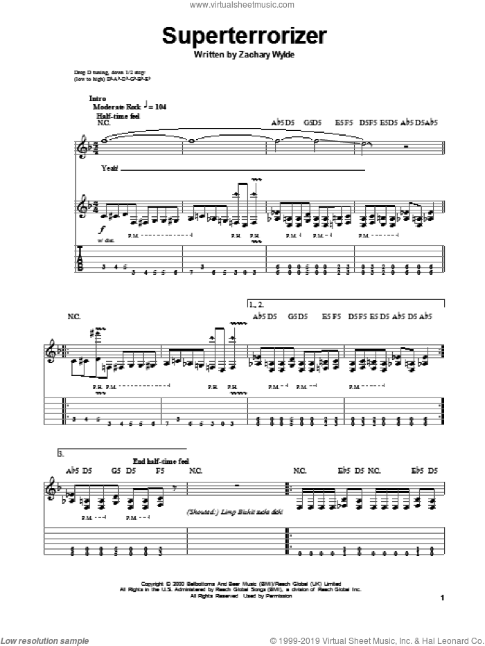 Superterrorizer sheet music for guitar (tablature, play-along) by Black Label Society and Zakk Wylde, intermediate skill level