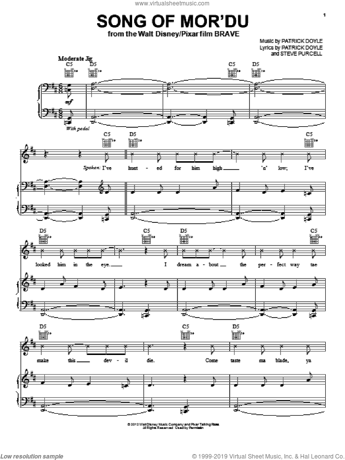 Song Of Mor'Du sheet music for voice, piano or guitar by Patrick Doyle, Steve Purcell and Brave (Movie), intermediate skill level
