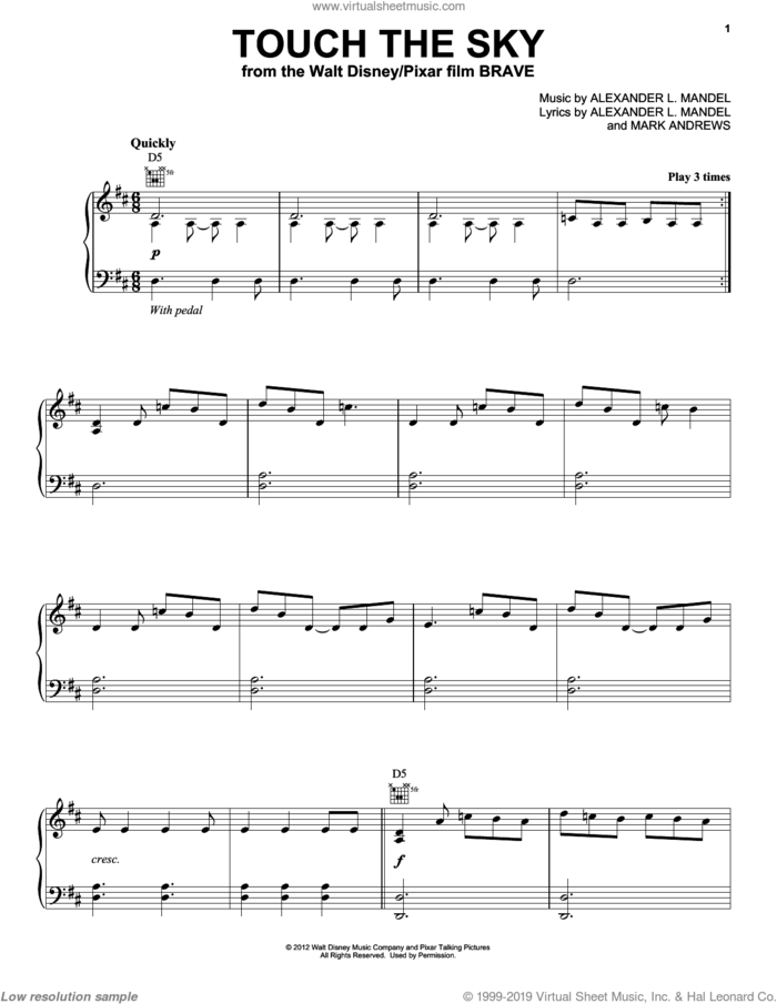 Touch The Sky (From Brave) sheet music for voice, piano or guitar by Julie Fowlis, Alexander L. Mandel, Brave (Movie) and Mark Andrews, intermediate skill level