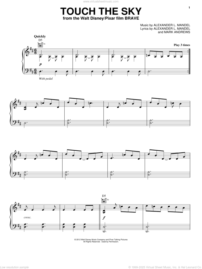 Touch The Sky (From Brave) sheet music for voice, piano or guitar by Julie Fowlis, Alexander L. Mandel, Brave (Movie) and Mark Andrews, intermediate skill level