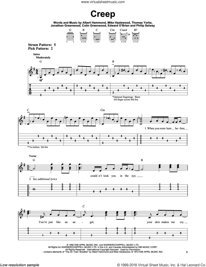 Creep sheet music for guitar solo (easy tablature) by Radiohead, Albert Hammond, Colin Greenwood, Jonathan Greenwood, Michael Hazlewood, Philip Selway and Thom Yorke, easy guitar (easy tablature)
