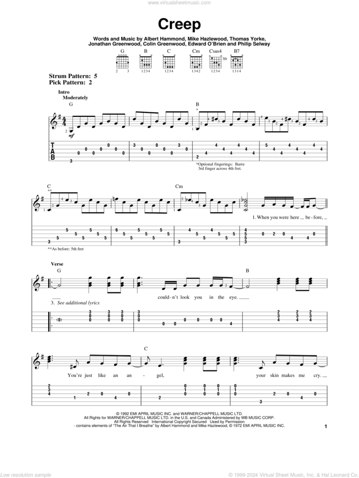 Creep sheet music for guitar solo (easy tablature) by Radiohead, Albert Hammond, Colin Greenwood, Jonathan Greenwood, Michael Hazlewood, Philip Selway and Thom Yorke, easy guitar (easy tablature)