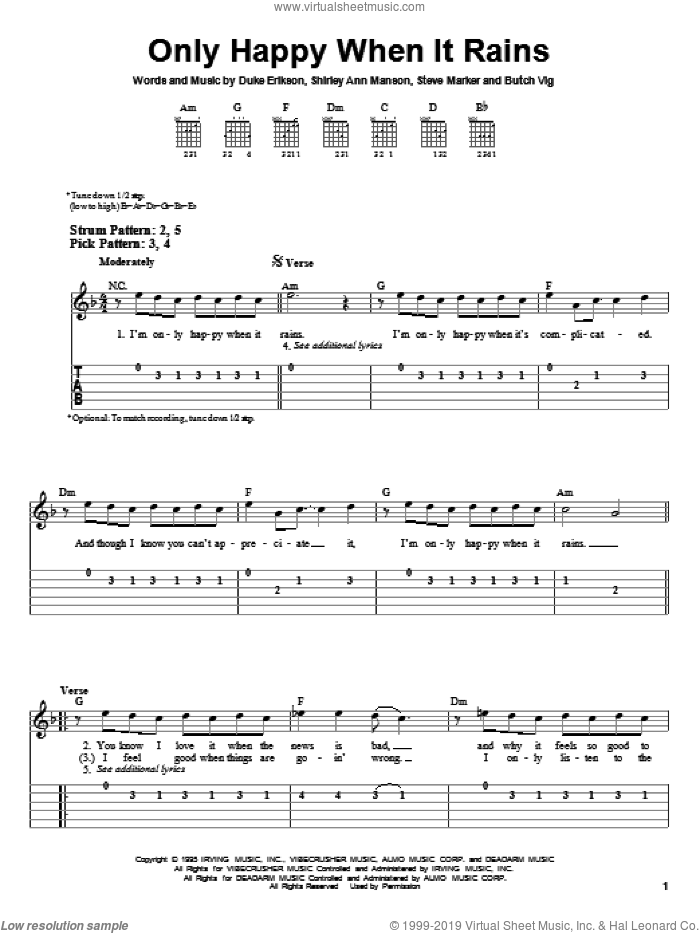 Only Happy When It Rains sheet music for guitar solo (easy tablature) by Garbage, Butch Vig, Duke Erikson, Shirley Ann Manson and Steve Marker, easy guitar (easy tablature)