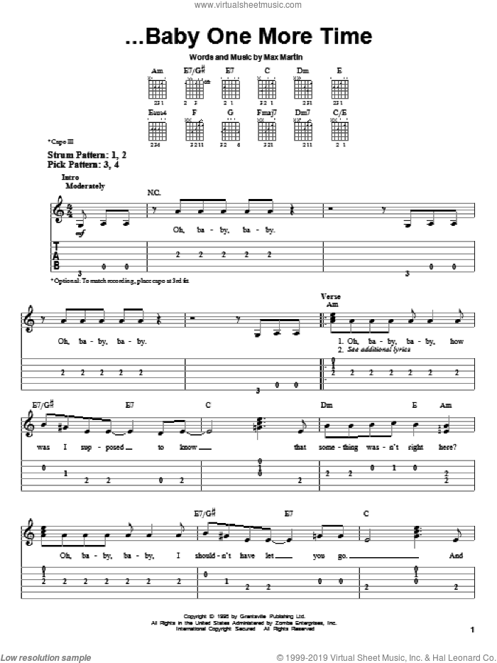 ...Baby One More Time sheet music for guitar solo (easy tablature) by Britney Spears, Merle Travis and Max Martin, easy guitar (easy tablature)