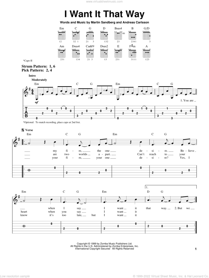 I Want It That Way sheet music for guitar solo (easy tablature) by Backstreet Boys, Andreas Carlsson and Martin Sandberg, easy guitar (easy tablature)