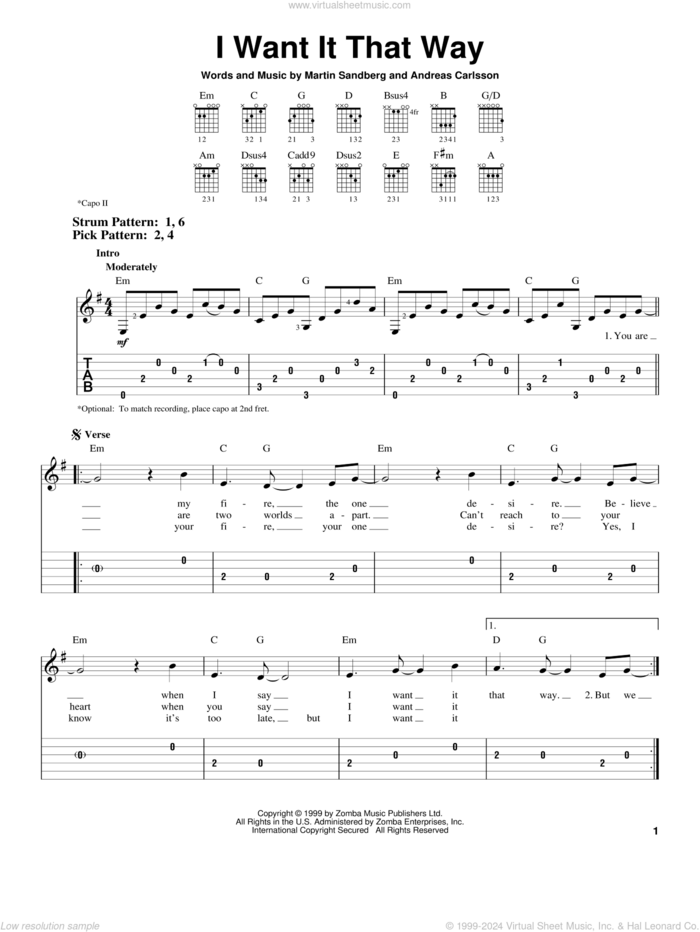 I Want It That Way sheet music for guitar solo (easy tablature) by Backstreet Boys, Andreas Carlsson and Martin Sandberg, easy guitar (easy tablature)