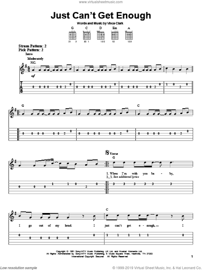 Just Can't Get Enough sheet music for guitar solo (easy tablature) by Depeche Mode and Vince Clark, easy guitar (easy tablature)