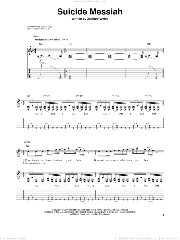Suicide Messiah sheet music for guitar (tablature, play-along) by Black Label Society and Zakk Wylde, intermediate skill level